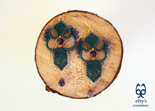 Handmade Emerald Green Macrame Dangle Earrings with Purple Amethyst Gemstones