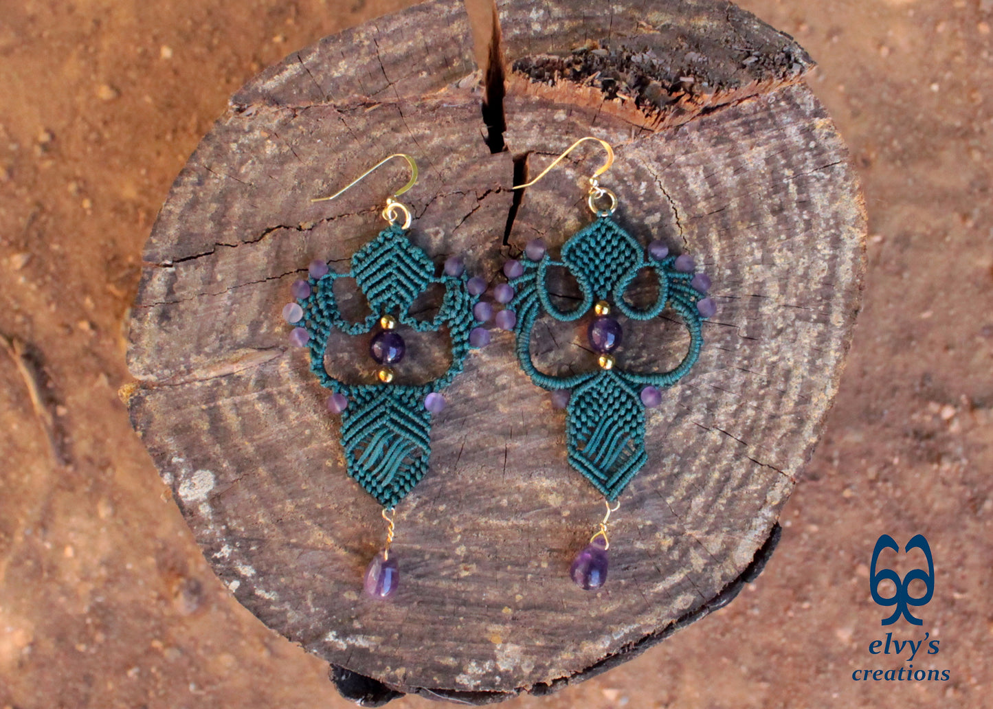 Emerald Green Macrame Dangle Earrings with Purple Amethyst Gemstones