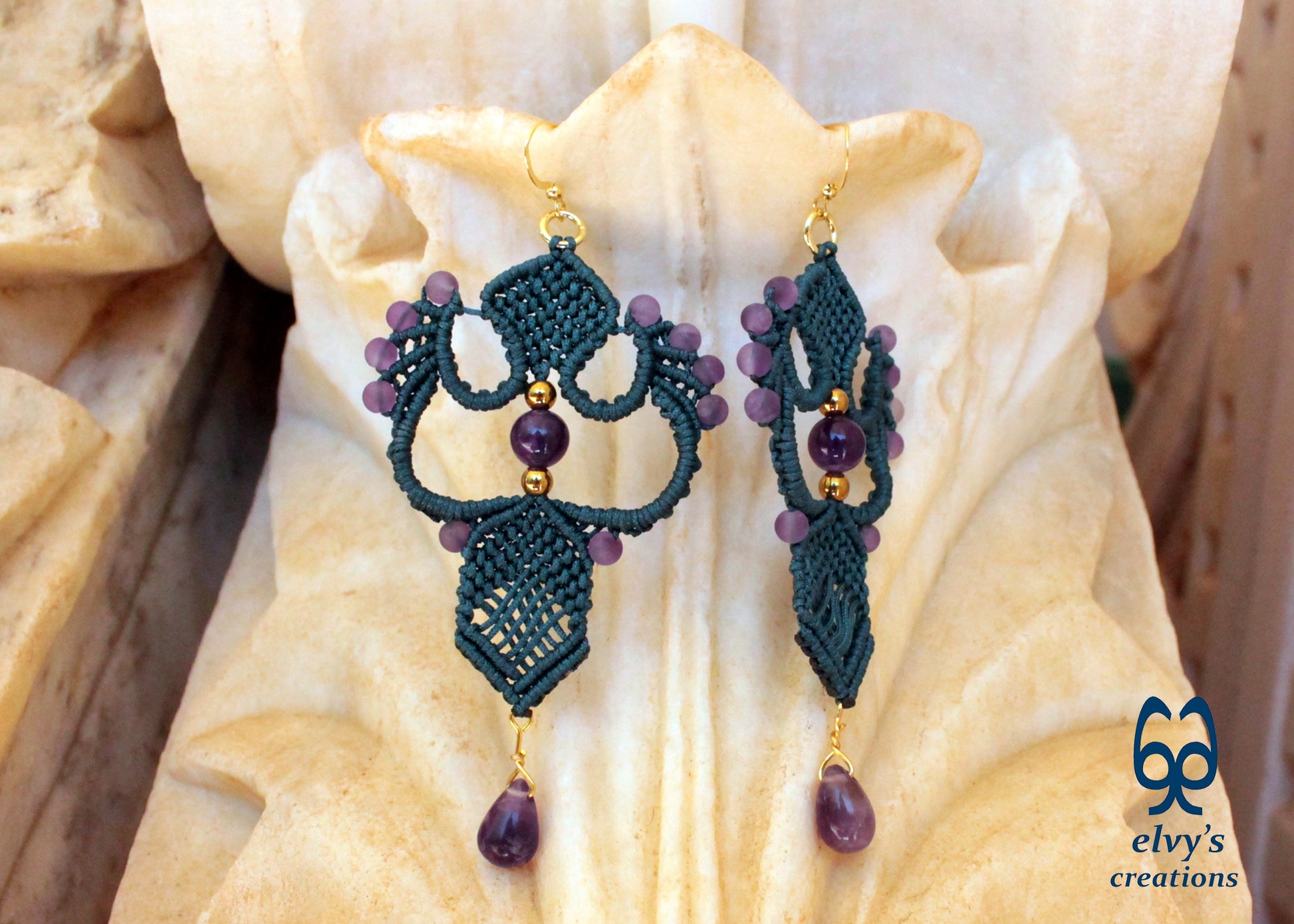 Emerald Green Macrame Dangle Earrings with Purple Amethyst Gemstones
