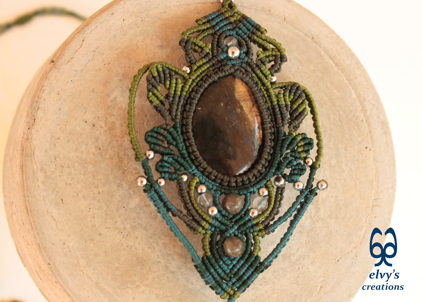 Green Macrame Necklace with Labradorite and Silver Hematite Gemstones