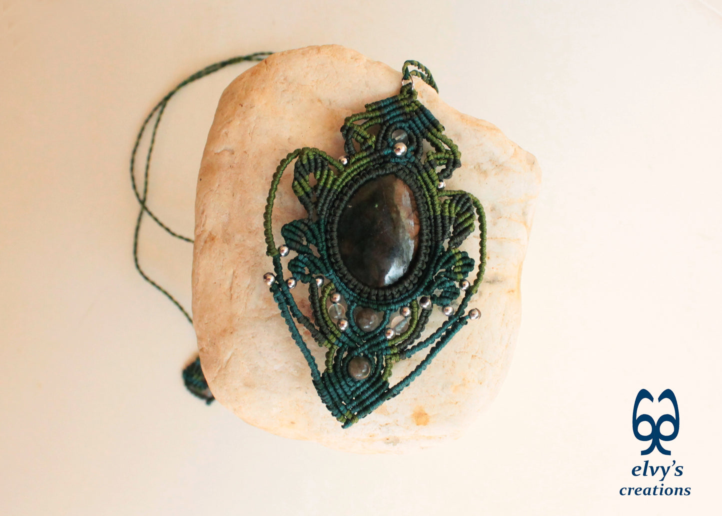 Green Macrame Necklace with Labradorite and Silver Hematite Gemstones