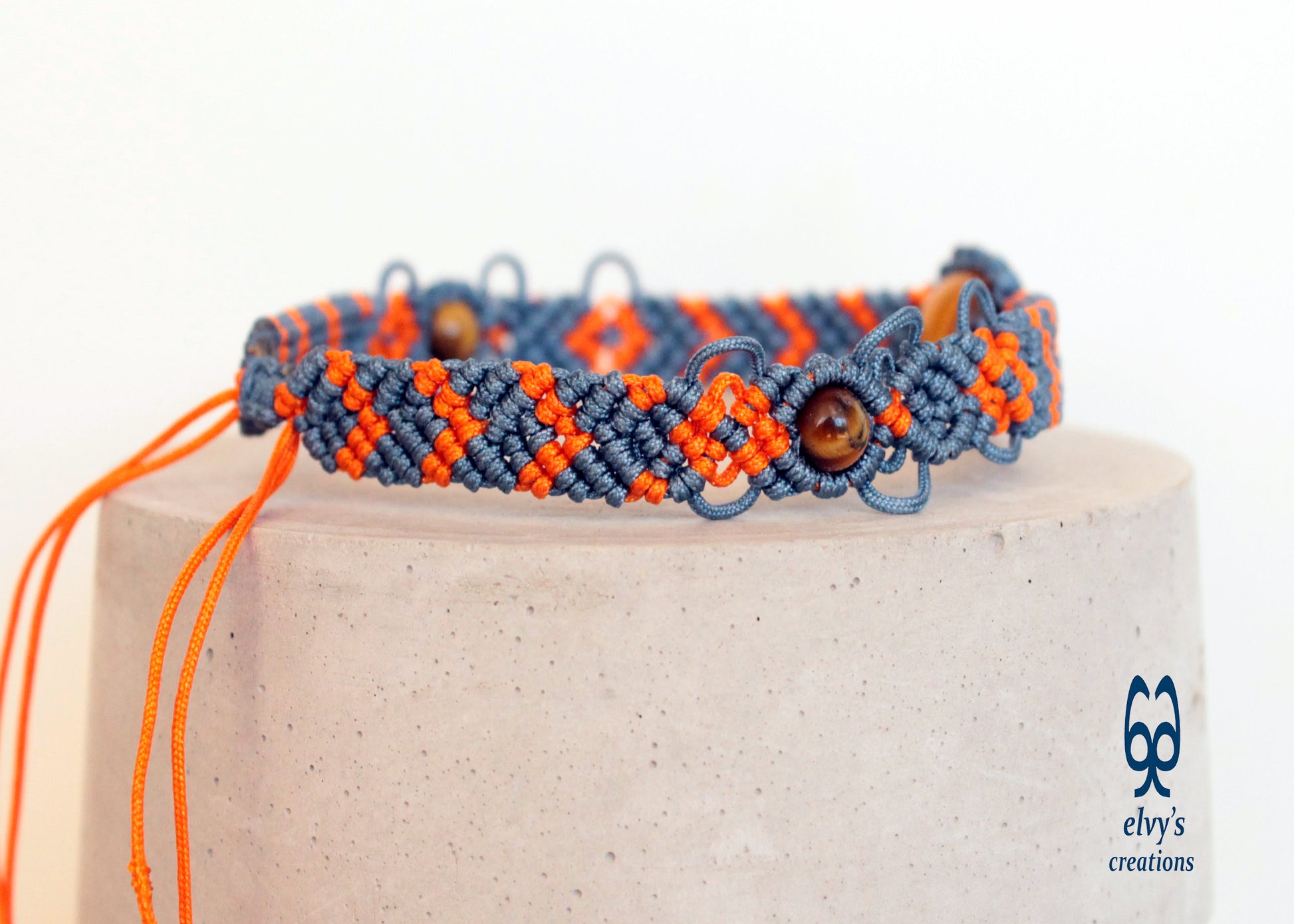 Orange and Gray Bracelet with Tiger Eye Natural Gem Adjustable Beaded Cuff Anklet for Women