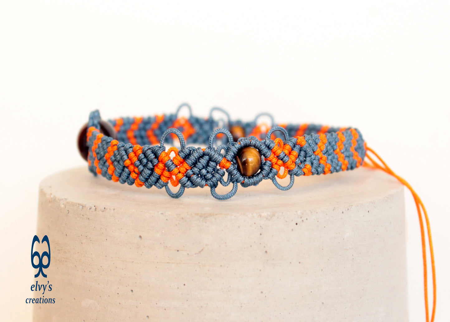 Orange and Gray Bracelet with Tiger Eye Natural Gem Adjustable Beaded Cuff Anklet for Women