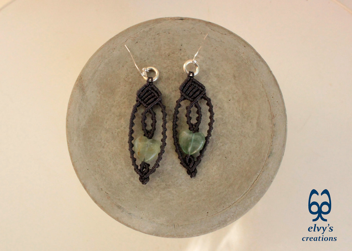 Handmade Grey Macrame Earrings with Lace Green Fluorite Heart Gemstones