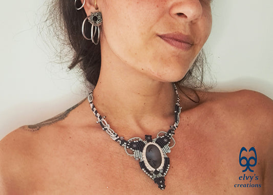 Handmade Grey Macrame Choker Necklace with Agate Gemstones Adjustable Lace Boho Necklace