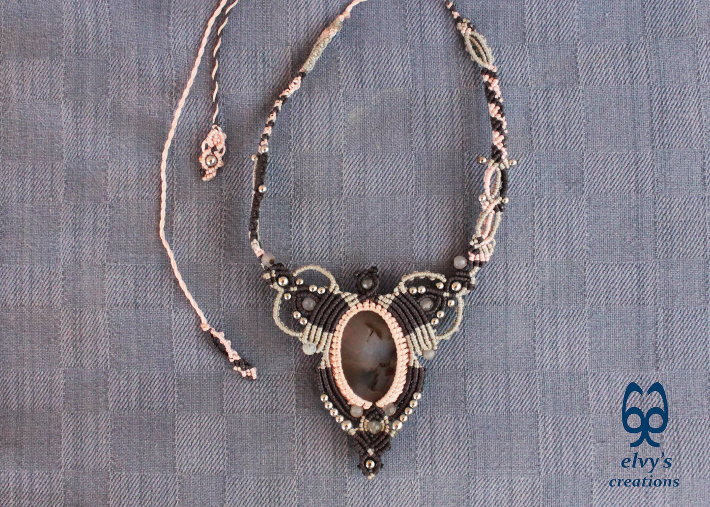 Handmade Grey Macrame Choker Necklace with Agate Gemstones Adjustable Lace Boho Necklace