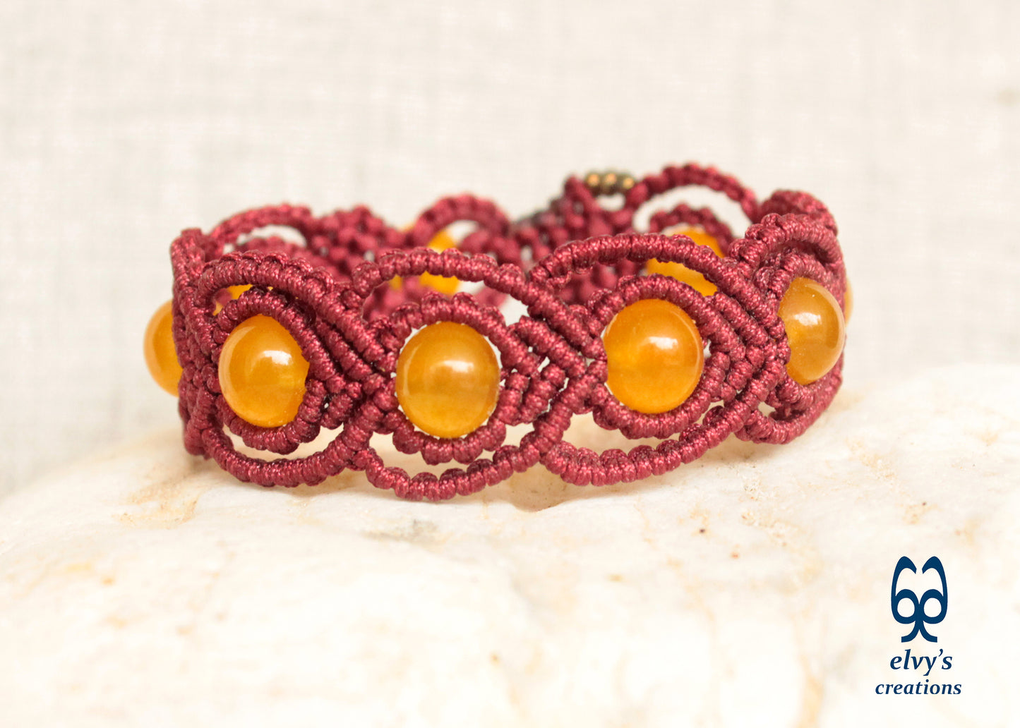 Red Macrame Adjustable Bracelet with Yellow Orange Healer Agate Gems Natural Gemstones Beaded Bracelet Gift for her Healer Collection - ElvysCreations
