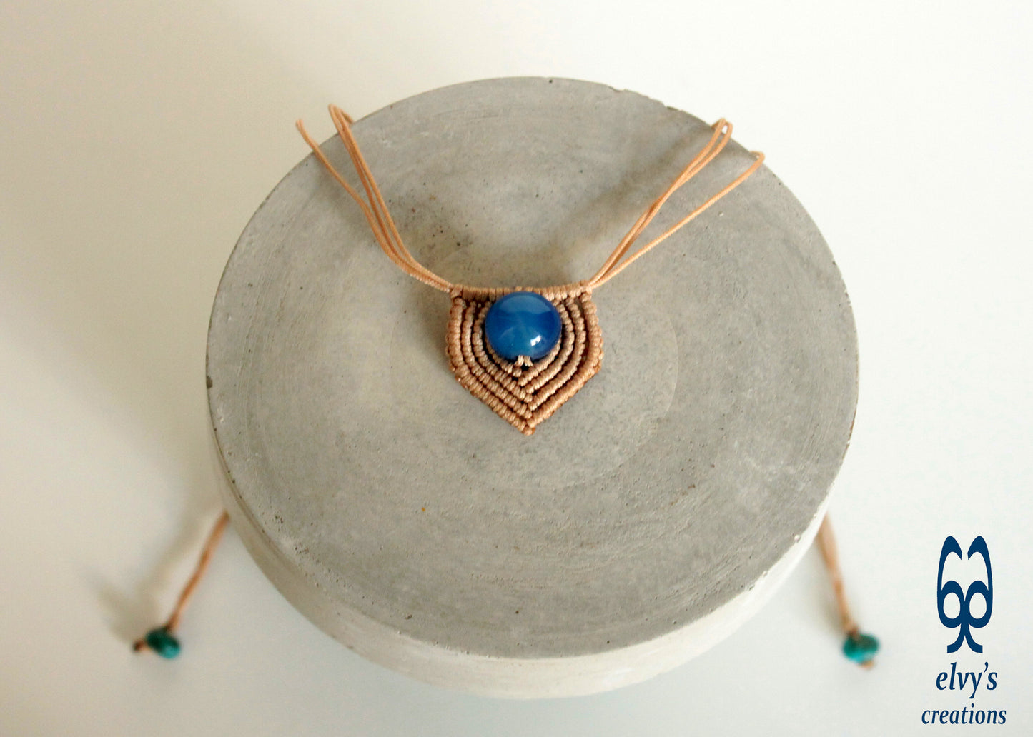 Unisex Handmade Beige Blue Jade and Turquoise Handmade Macrame Beaded Heart Necklace Charm