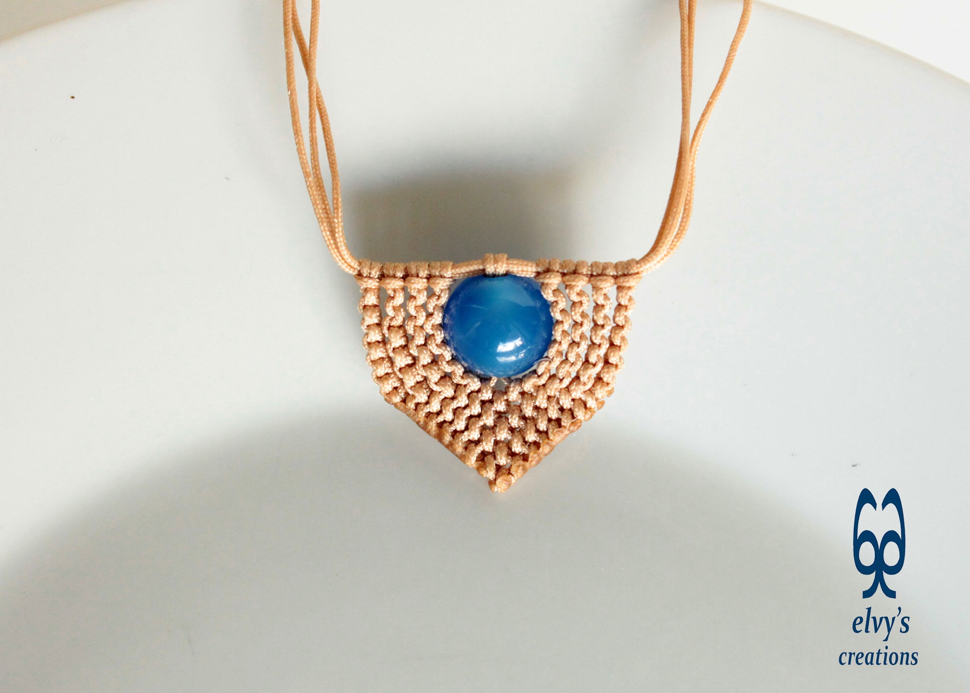Unisex Handmade Beige Blue Jade and Turquoise Handmade Macrame Beaded Heart Necklace Charm
