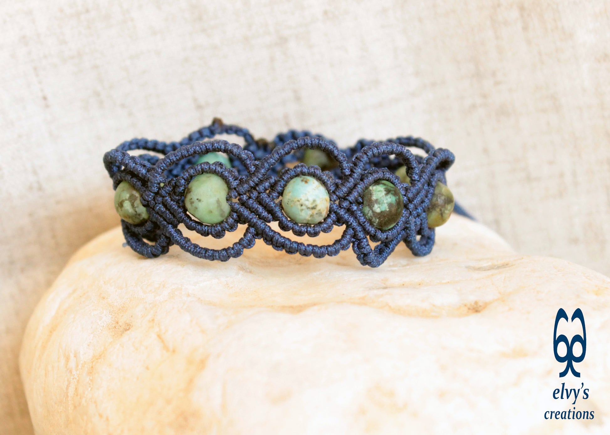 Blue Beaded Macrame Cuff  Bracelet With Natural Turquoise Gems Healer Collection Bracelet Gift for her