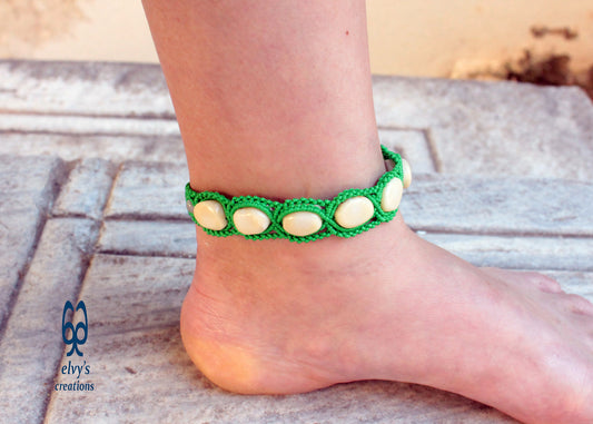 Green Anklet Bracelet with White Coral and Pink Quartz Beads Gift for her Armband for Women and Wristband Cuff Bracelet for Men