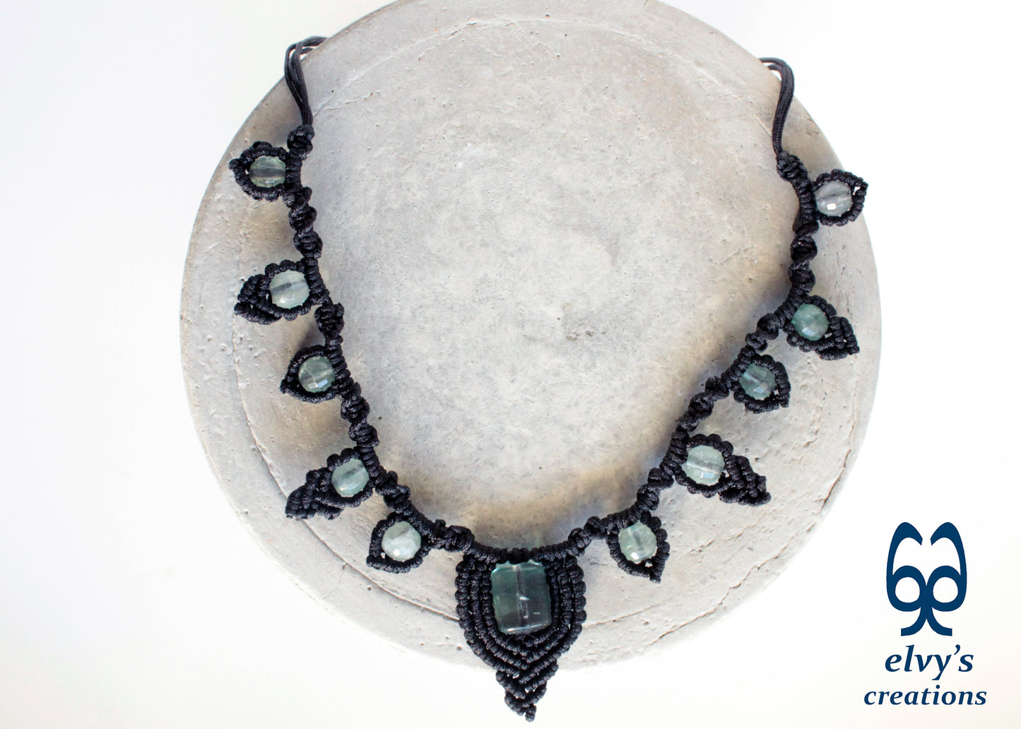 Macrame Black Necklace with Natural Beads Fluorite Gems 'Heart Pendant' with Adjustable Ending Gift for Women
