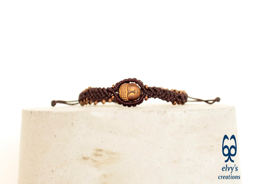 Handmade Brown Macrame Bracelet Adjustable Cuff with Natural Bronze Hematite Buddha for Women