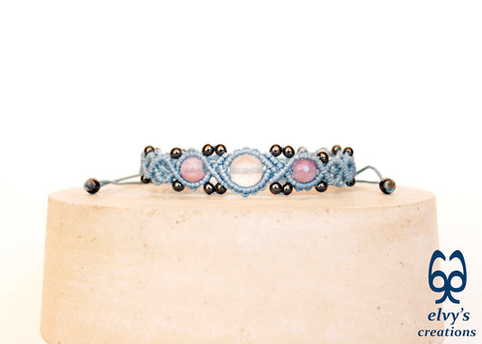 Light Blue Beaded Macrame Cuff Bracelet With White and Blue Quartz and Gray Hematite Gemstones Bracelet Gift for her Bracelet with Quartz and Gray Hematite Gemstones