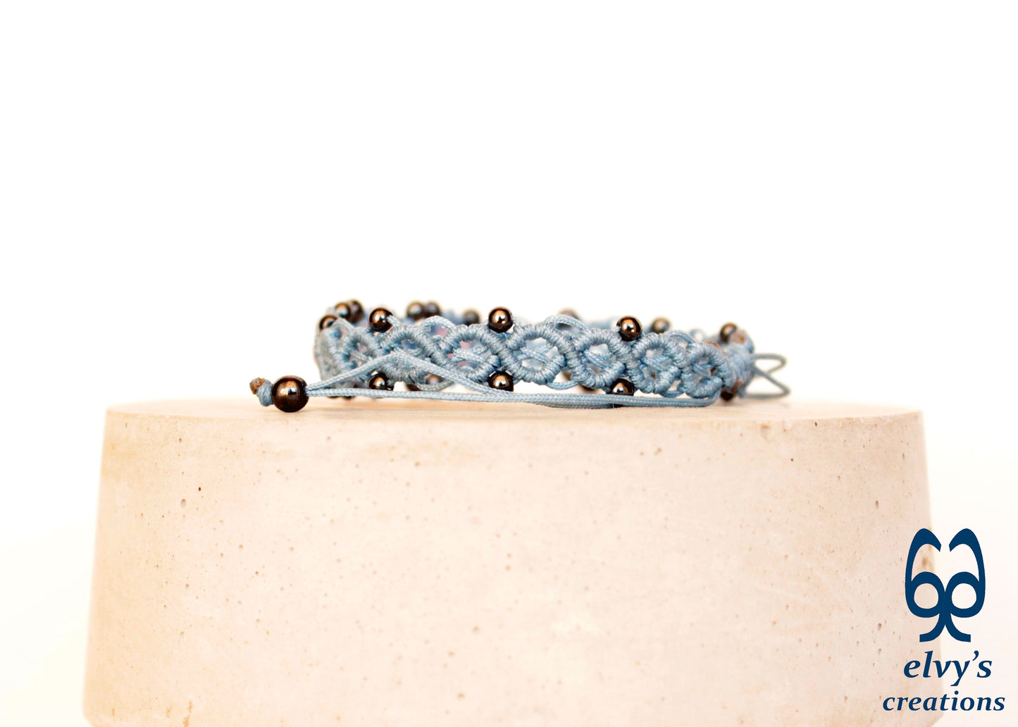 Light Blue Beaded Macrame Cuff Bracelet With White and Blue Quartz and Gray Hematite Gemstones Bracelet Gift for herme Bracelet with Quartz and Gray Hematite Gemstones