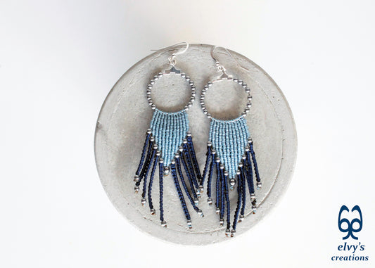 Blue Macrame Hoops with Silver Hematite Gemstones Blue Hoops Dangle Chandelier Silver Earrings