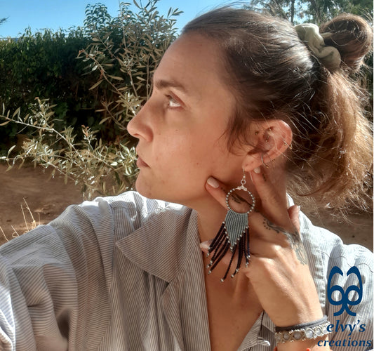 Handmade Macrame Earrings, Hematite Gemstone Bead Hoop Earrings, Unique Birthday Gift for Women