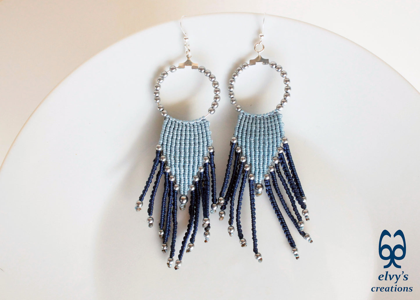 Blue Macrame Hoops with Silver Hematite Gemstones Blue Hoops Dangle Chandelier Silver Earrings