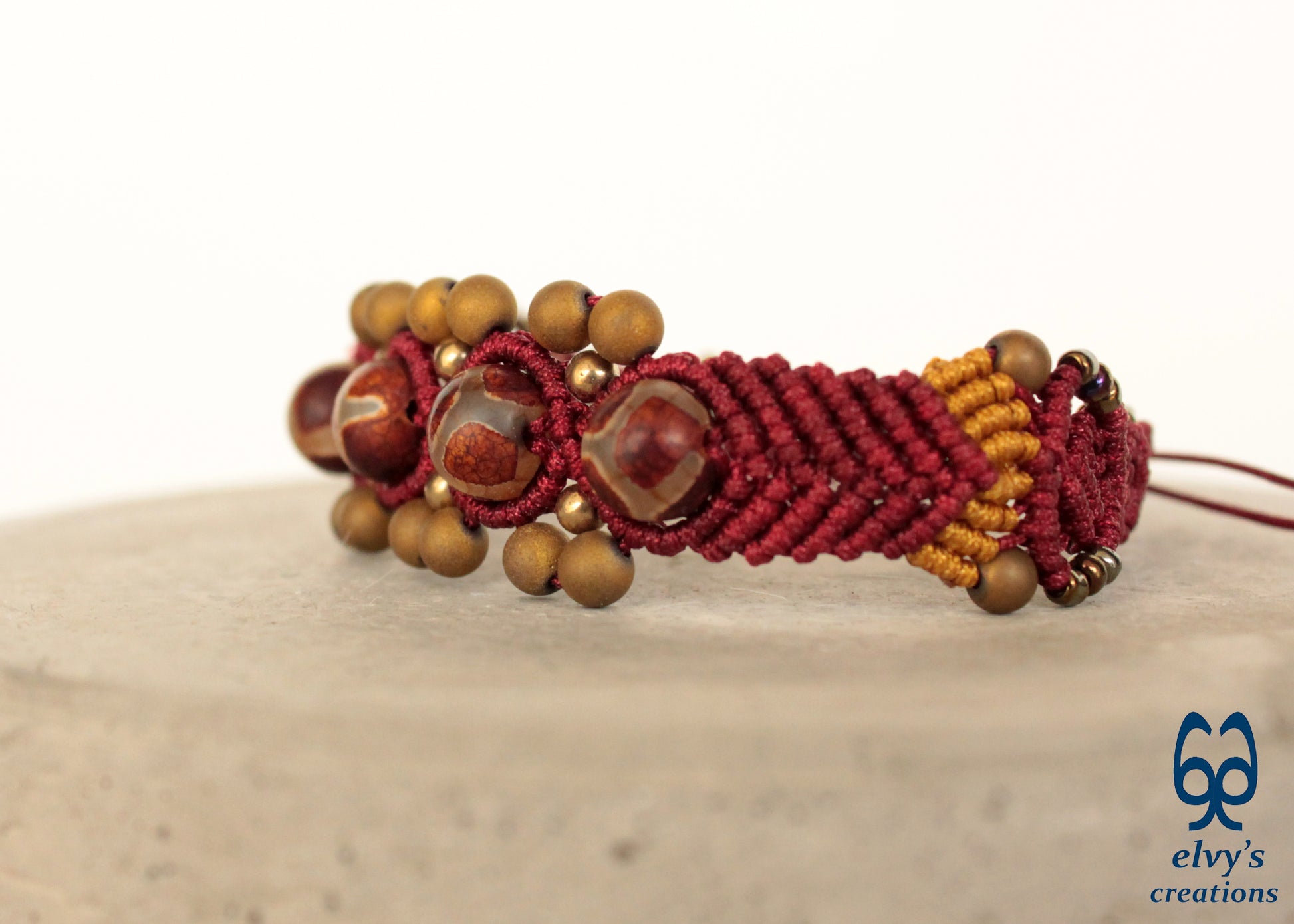 Red Macrame Bracelet Agate and Gold Hematite Beaded Boho Tribal Festival Bracelet for Women