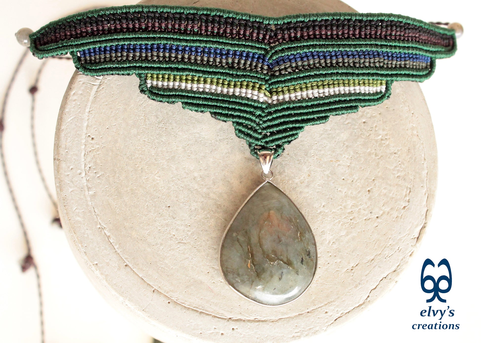 Labradorite Gemstone Necklace Green Macrame Choker Multi color Pendant