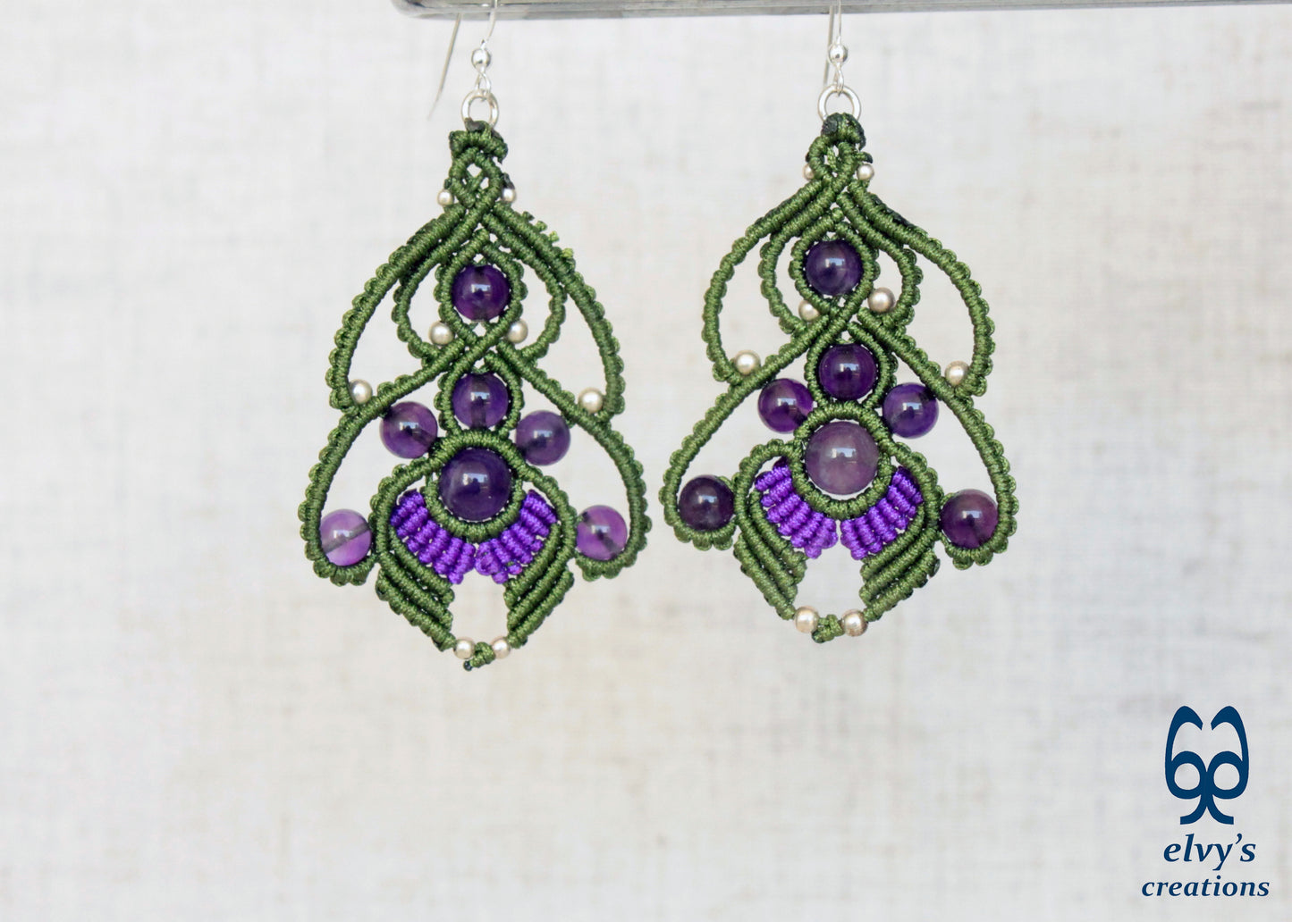 Handmade Macrame Earrings Green and Purple Macrame Earrings with Amethyst Gemstones 