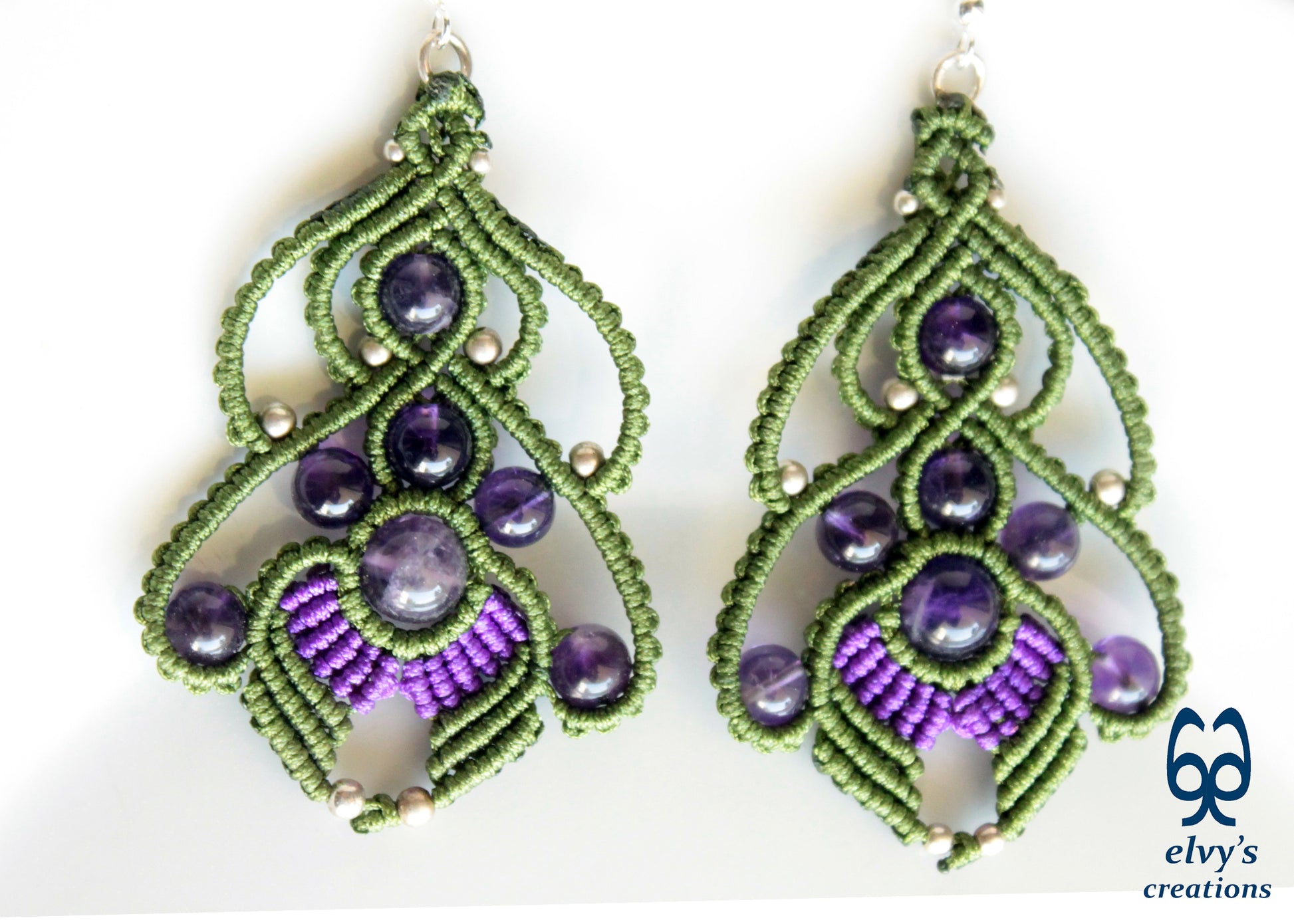 Handmade Macrame Earrings Green and Purple Macrame Earrings with Amethyst Gemstones 