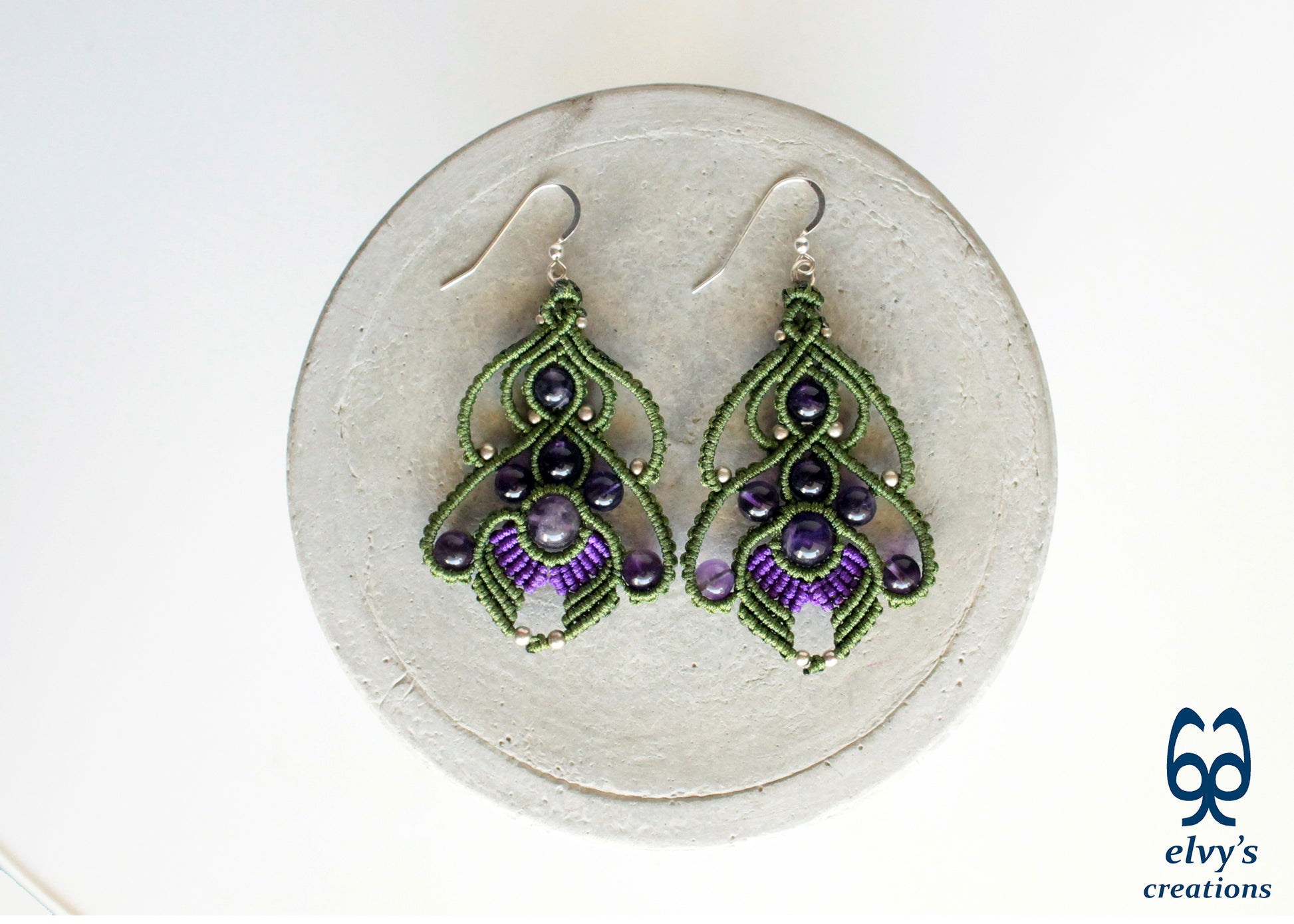 Amethyst Handmade Macrame Dangle Earrings, Silver Dangle Earrings, Birthday Gift for Her