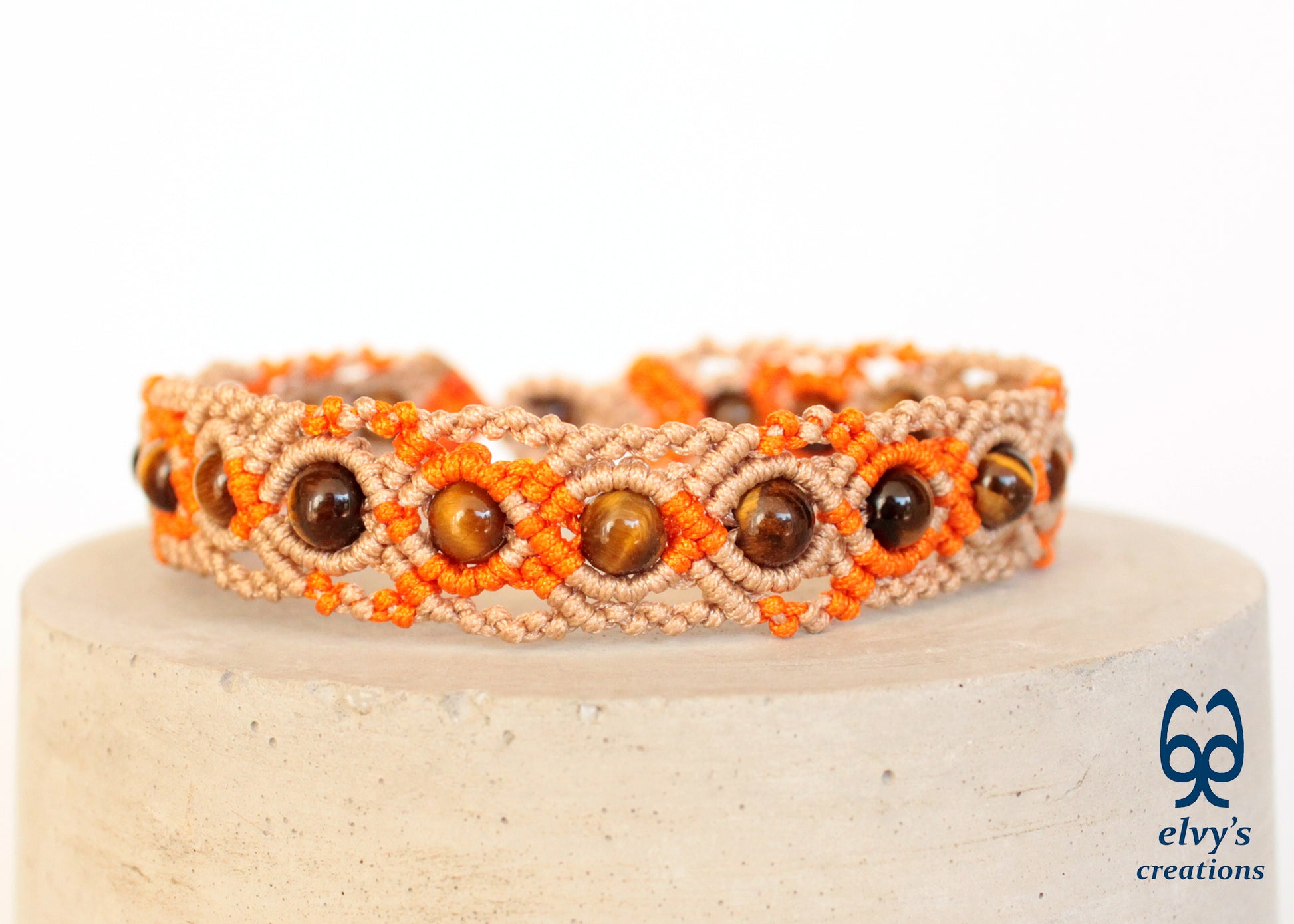 Beige and Orange Macrame Anklet with Natural Tiger Eye Boho Beaded Cuff Anklet Bracelet for Women 