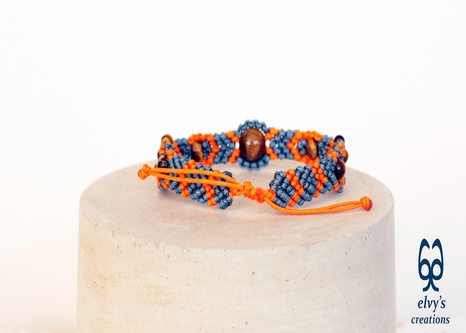 Orange and Gray Blue Bracelet for Ladies with Tiger Eye Natural Gem Adjustable Beaded Cuff