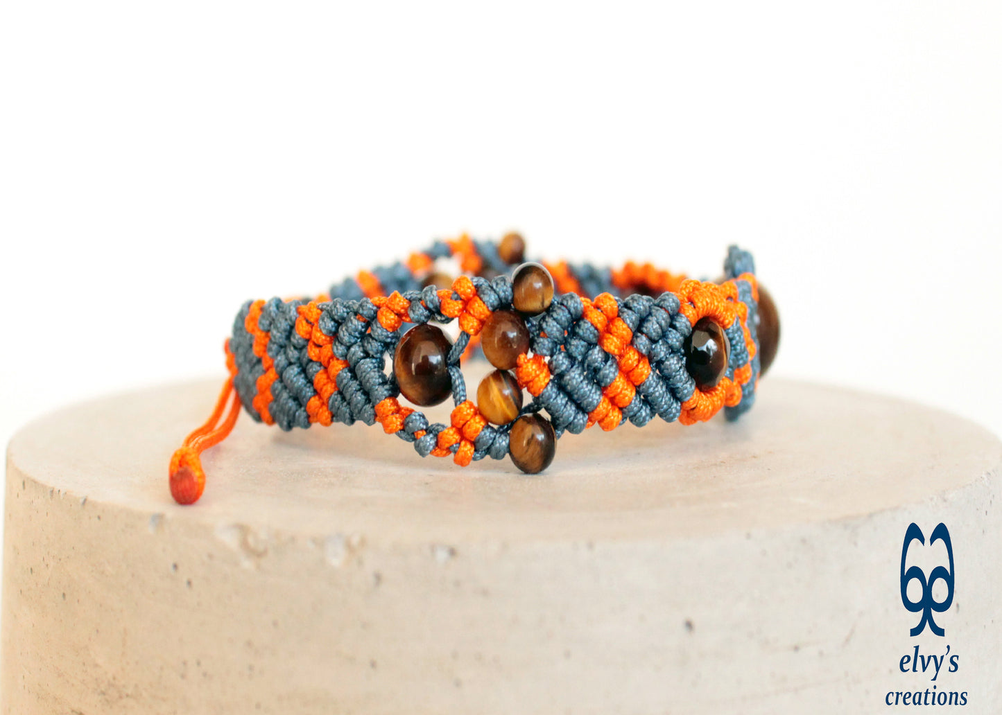 Orange and Gray Blue Bracelet for Ladies with Tiger Eye Natural Gem Adjustable Beaded Cuff