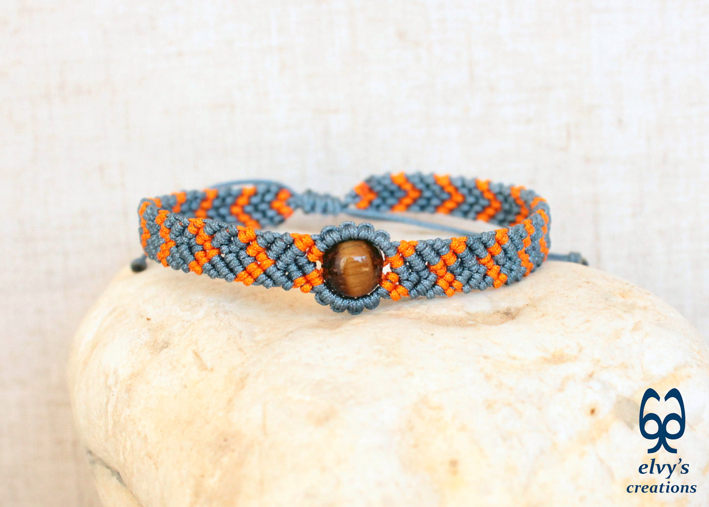 Orange Macrame Bracelet with Tiger Eye Gemstone