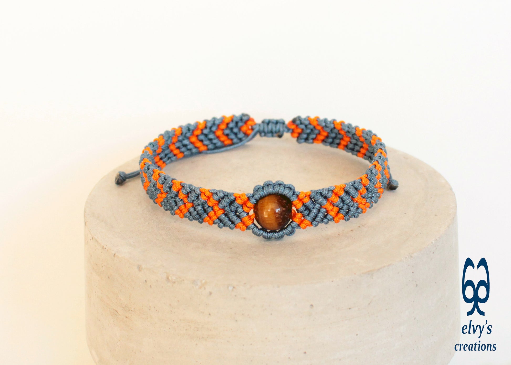 Orange and Gray Bracelet for Man with Tiger Eye Natural Gem Fathers Day Present Adjustable Beaded Cuff Anklet for Women