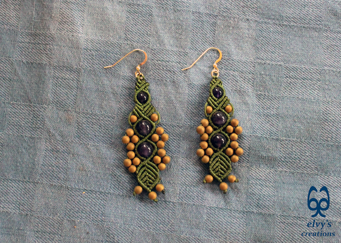 Green Macramé Earrings with Amethyst and Gold Hematite Gemstones