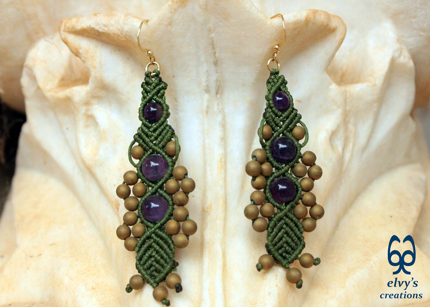 Green Macramé Earrings with Amethyst and Gold Hematite Gemstones