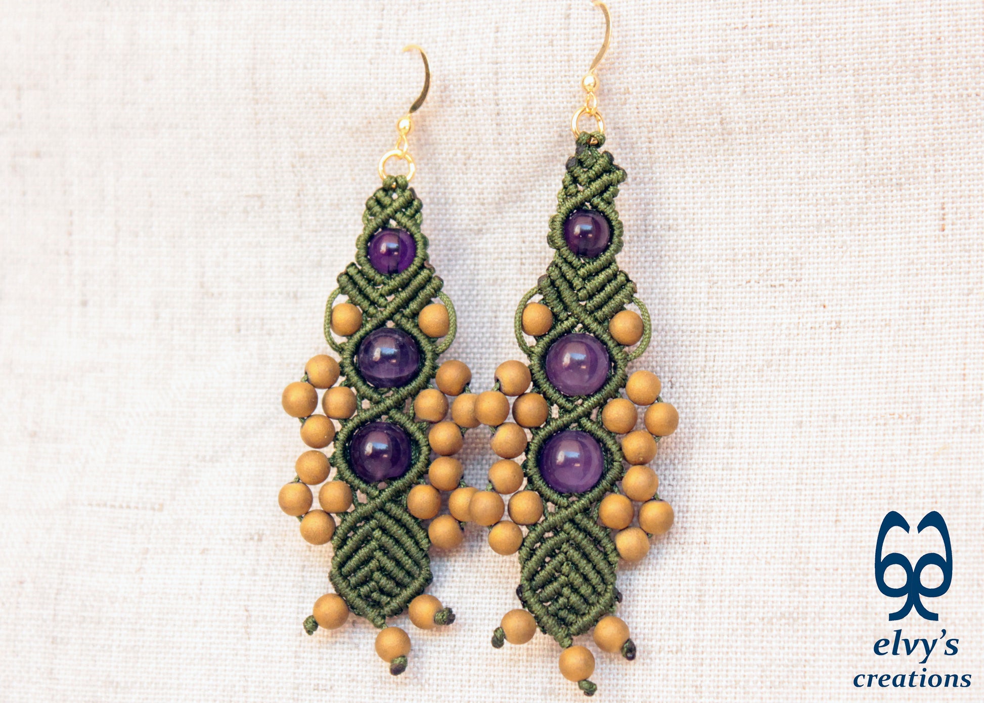 Olive Green Macrame Beaded Earrings Purple Amethyst Gold Hematite Macrame Natural Beaded Boho Earrings for Women