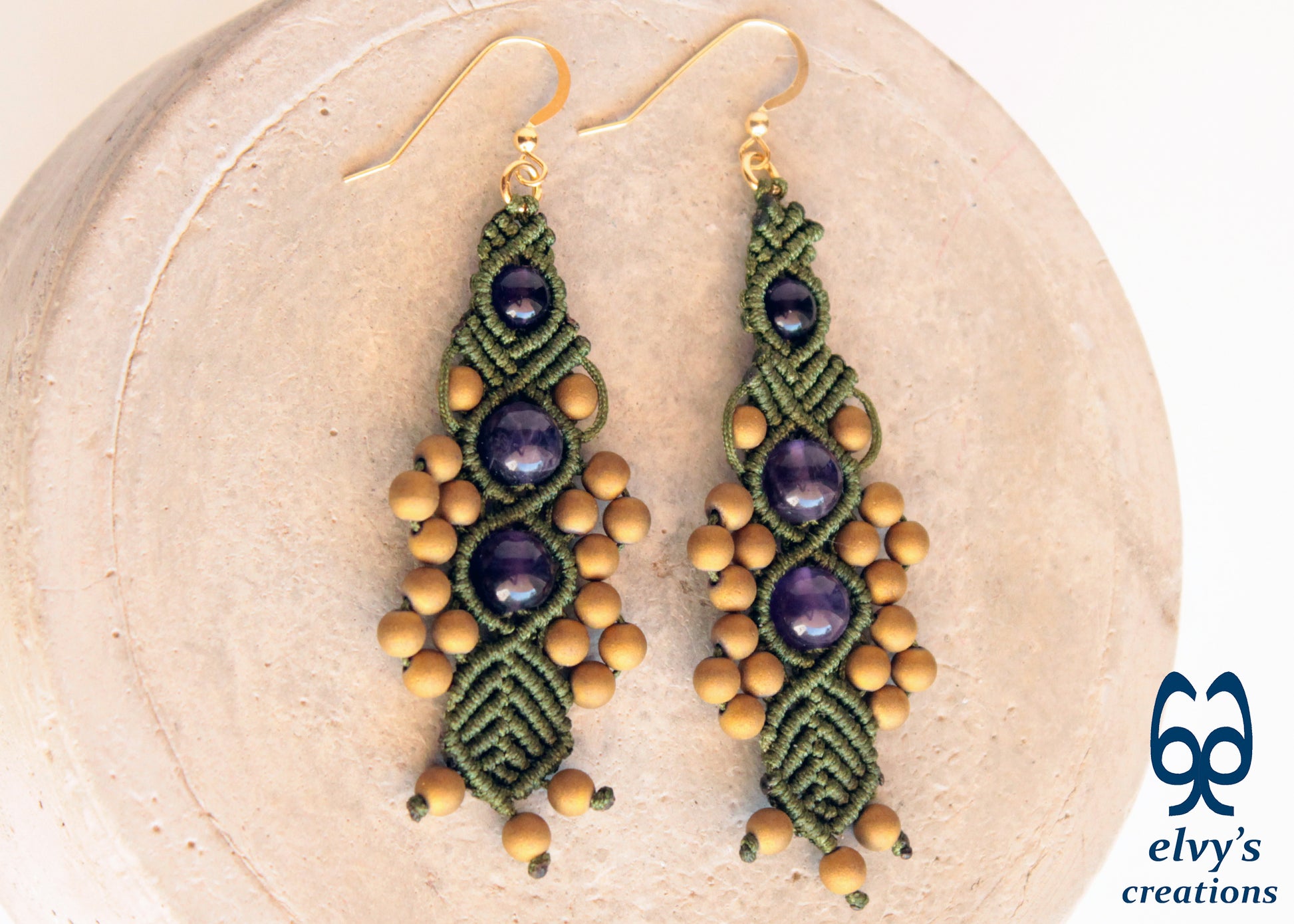 Olive Green Macrame Beaded Earrings Purple Amethyst Gold Hematite Macrame Natural Beaded Boho Earrings for Women