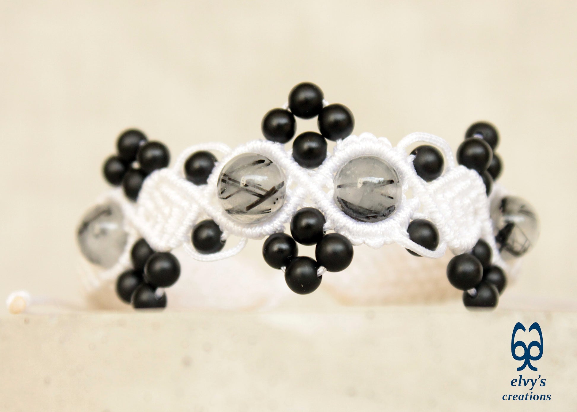 White and Black Macrame Adjustable Cuff Beaded Bracelet with Crystal Quartz and Black Onyx Matte for Women Pebbles Snow Collection - ElvysCreations