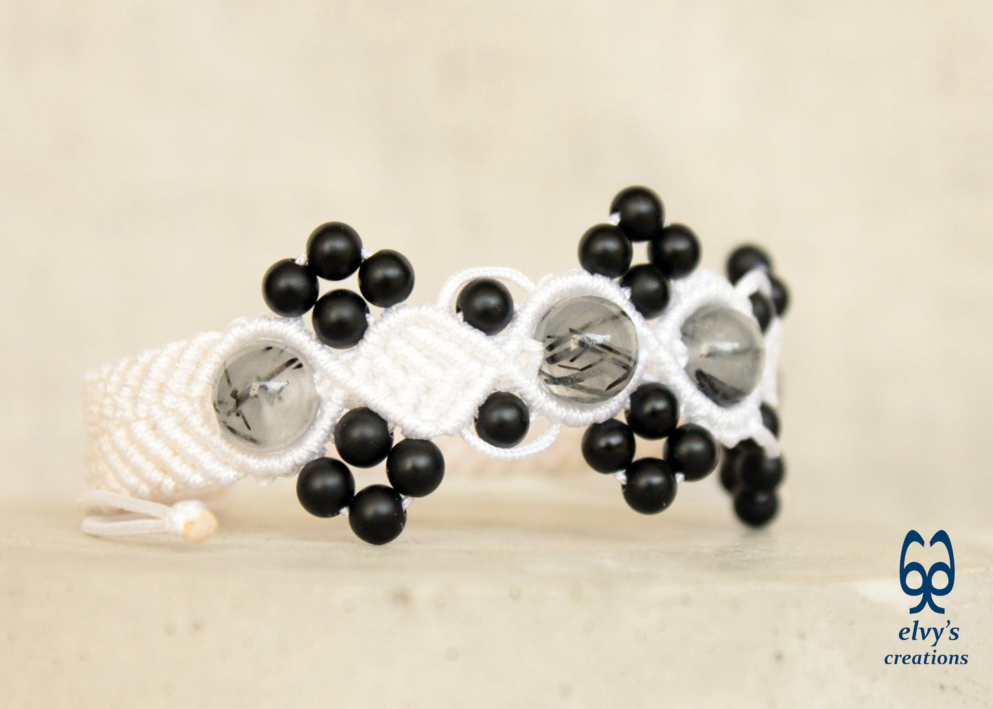 White and Black Macrame Adjustable Cuff Beaded Bracelet with Crystal Quartz and Black Onyx Matte for Women Pebbles Snow Collection - ElvysCreations