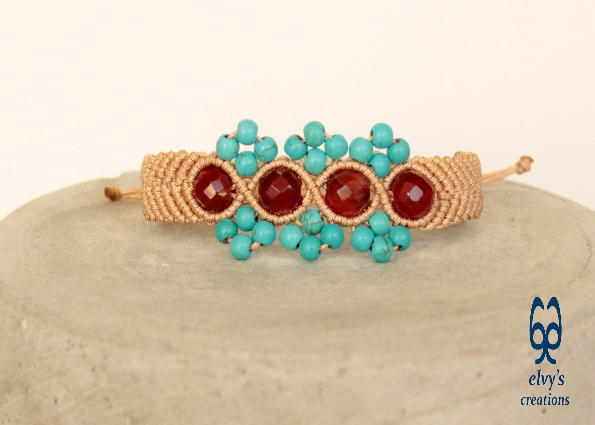 Unisex Macrame Turquoise Bracelet Beige With Carnelian Natural Gems Healer Stones Beige Blue Orange Adjustable Cuff bracelet