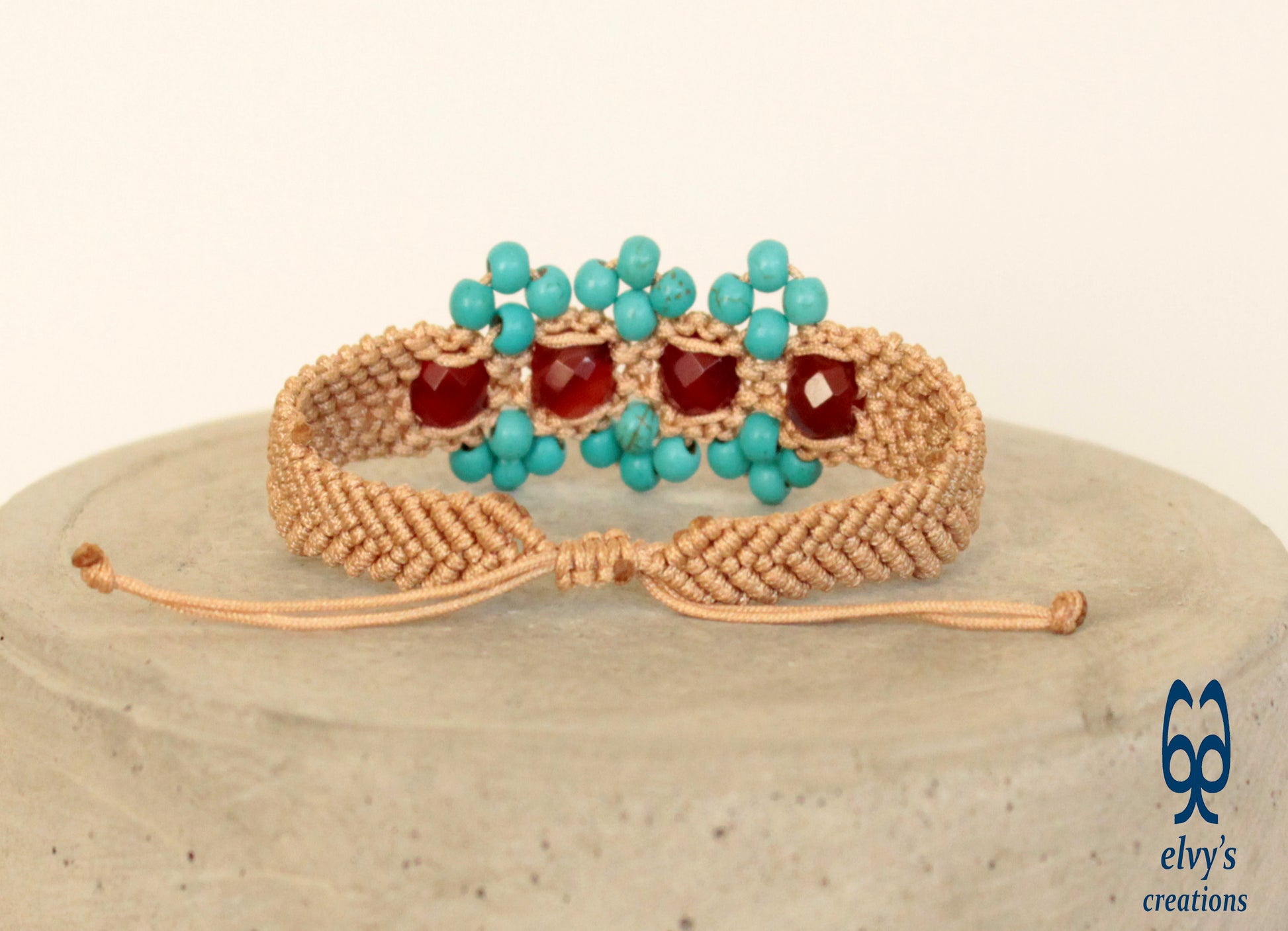 Unisex Macrame Turquoise Bracelet Beige With Carnelian Natural Gems Healer Stones Beige Blue Orange Adjustable Cuff bracelet