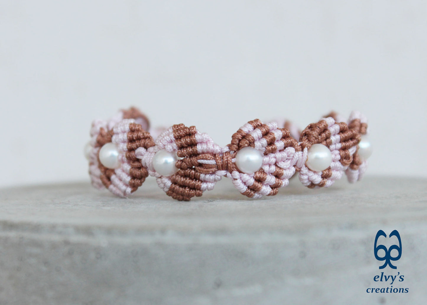 Handmade Pink Macramé Adjustable Bracelet Flower Bracelet with Pearls