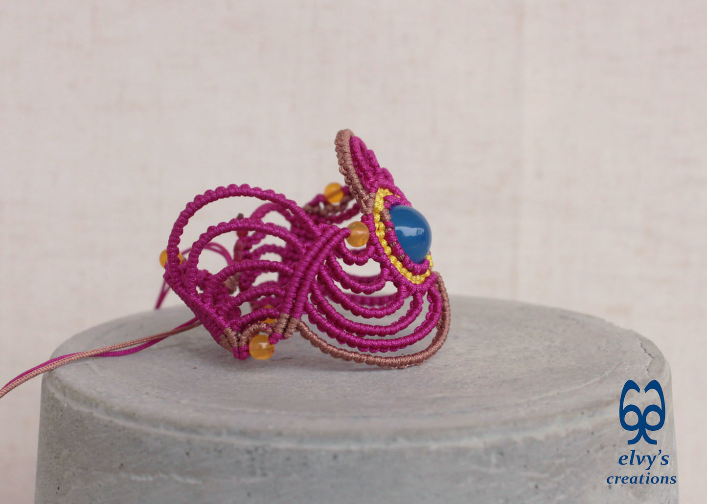 Handmade Pink Macrame Bracelet with Yellow Agate Gemstones Adjustable Lace Bracelet