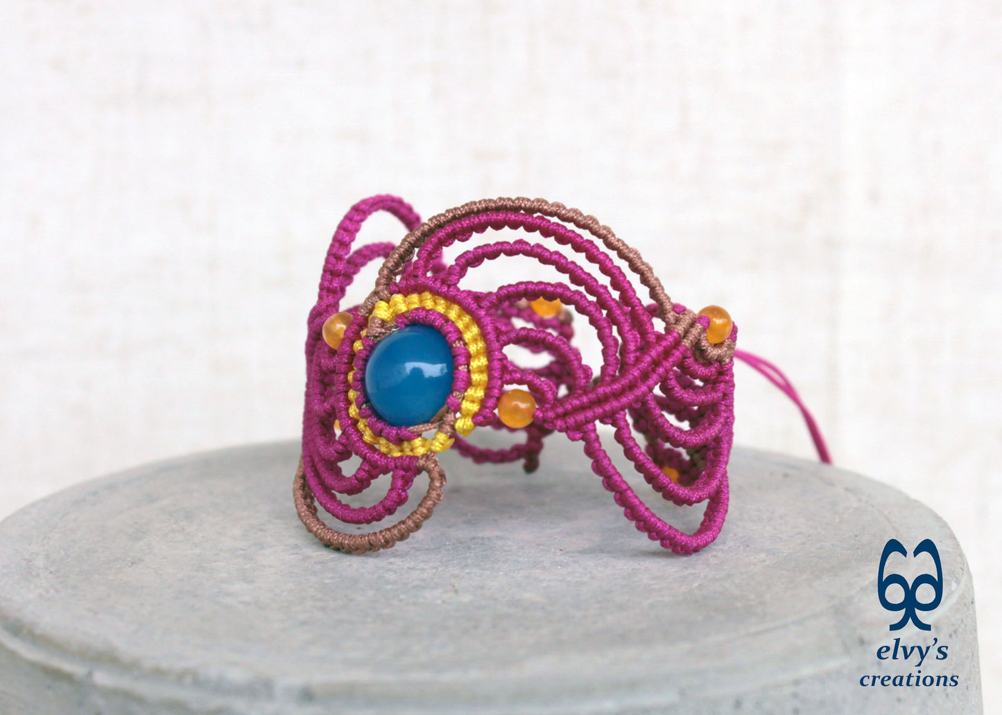 Handmade Pink Macrame Bracelet with Yellow Agate Gemstones Adjustable Lace Bracelet