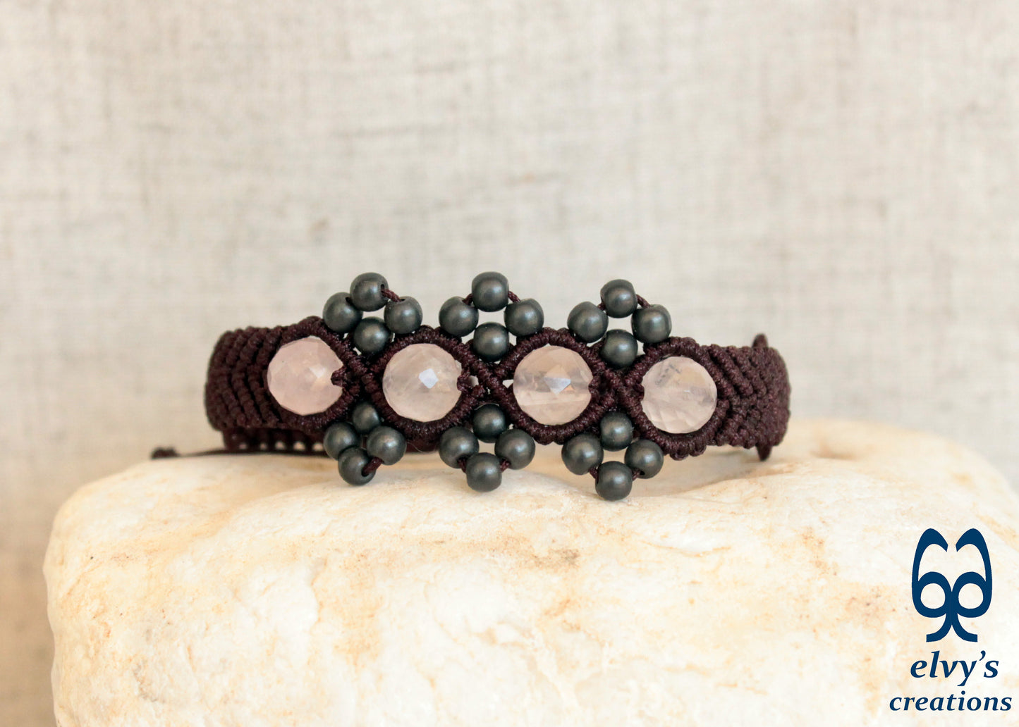 Brown Macrame Adjustable Cuff Bracelet with Pink Quartz and Dark Gray 