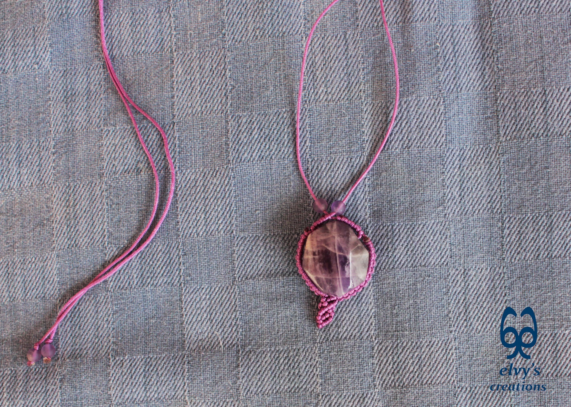 Handmade Unisex Purple Macrame Adjustable Necklace with Amethyst Gemstones