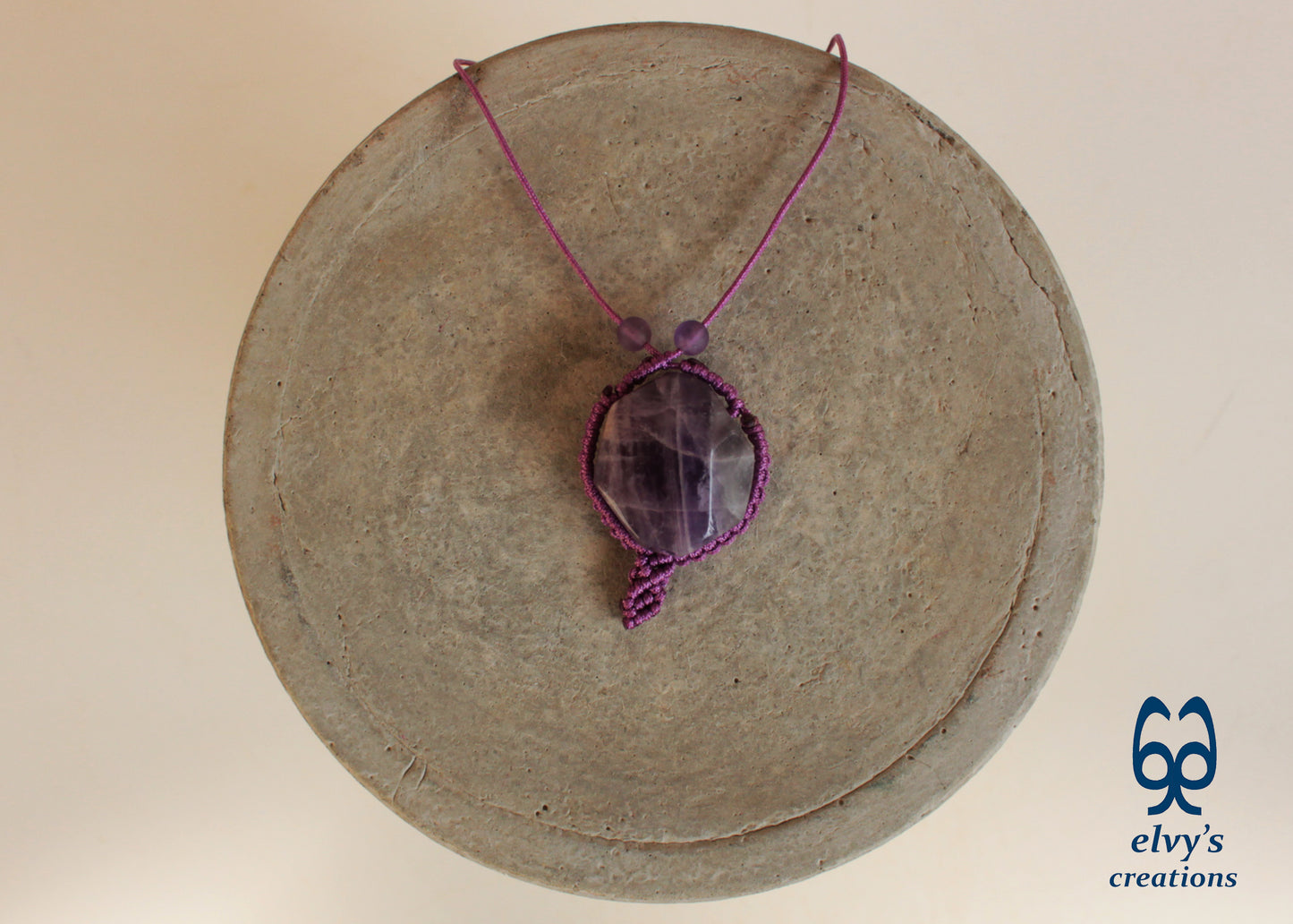 Handmade Unisex Purple Macrame Adjustable Necklace with Amethyst Gemstones