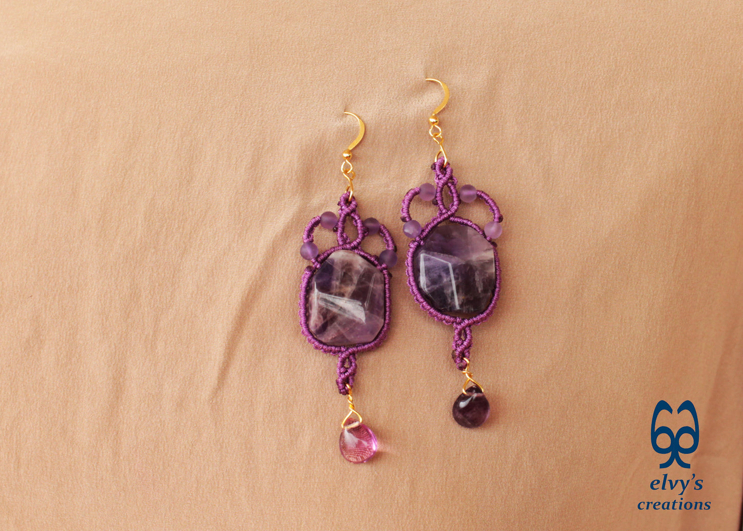 Purple Macramé Earrings with Amethyst Gemstones