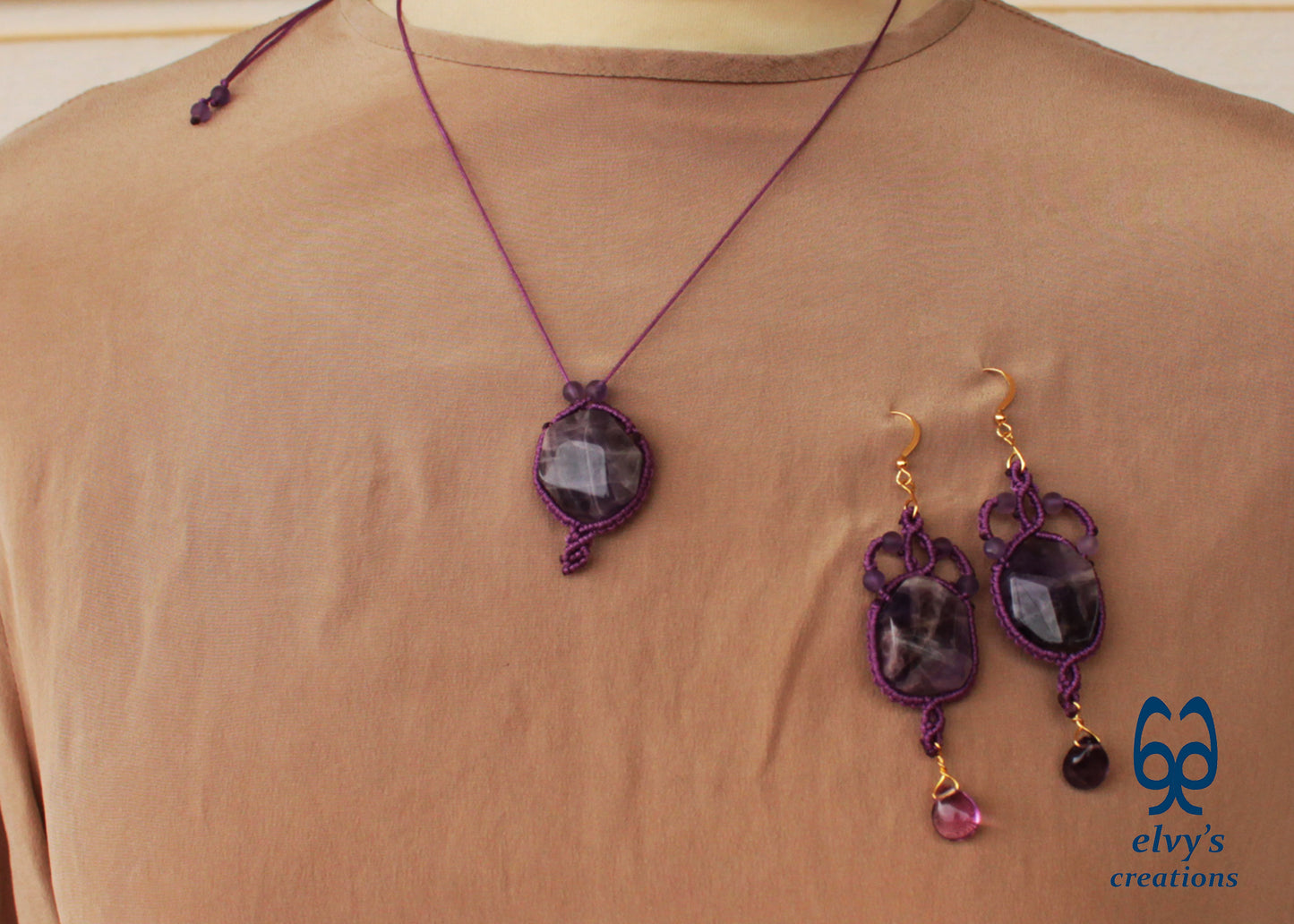 Purple Macramé Earrings with Amethyst Gemstones