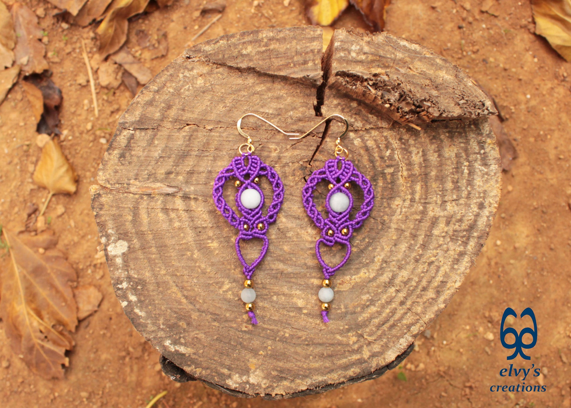 Purple Gold Macrame Earrings, Hematite Dangle Gemstone Beads Earrings, Birthday Gift for Women