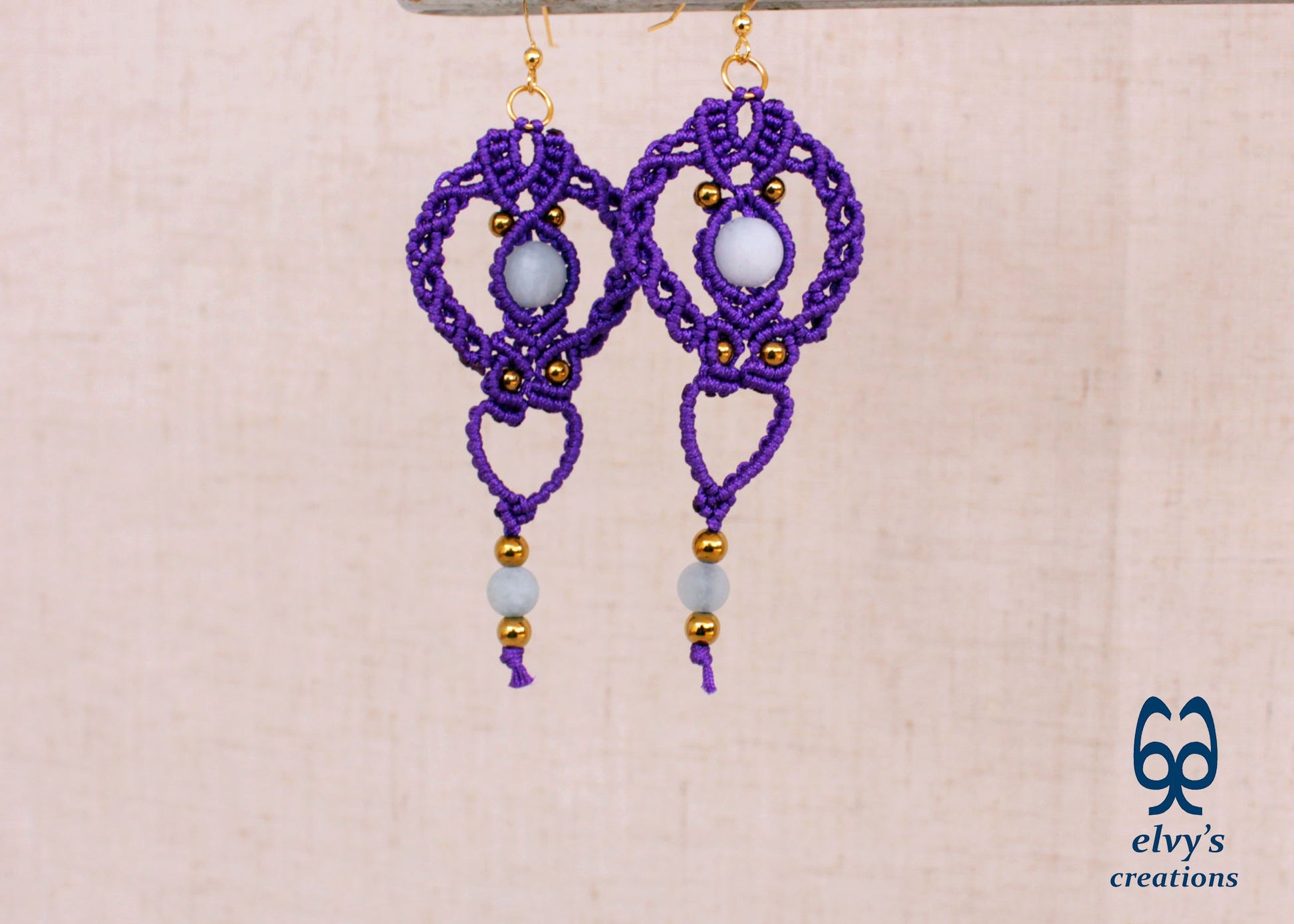 Purple Gold Macrame Earrings, Hematite Dangle Gemstone Beads Earrings, Birthday Gift for Women